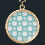 Mid Century Modern Geometric Flowers Necklace<br><div class="desc">This Mid Century Modern Geometric Flowers Round Necklace is a mid century modern take on botany! This whimsical aqua and teal checkerboard design has alternating mod flowers of aqua and dove grey on each square. The dove grey flowers have square darker grey centers and the aqua flowers have dove grey...</div>