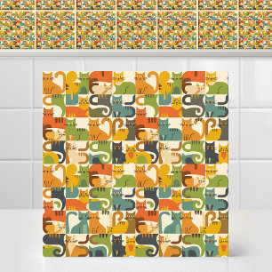 Mid Century Modern Geometric Fun Cat Retro Pattern Ceramic Tile