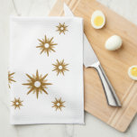 Mid-Century Modern Geometric Gold Starburst Design Kitchen Towel<br><div class="desc">This simple kitchen towel features a minimalistic clean mid-century modern inspired gold starburst design. An organic geometric starburst design of sparkly golden stars on a white background. Each starburst features a light golden star overlapping with a larger sparkly copper starburst to create a white circle in the center. A modern...</div>