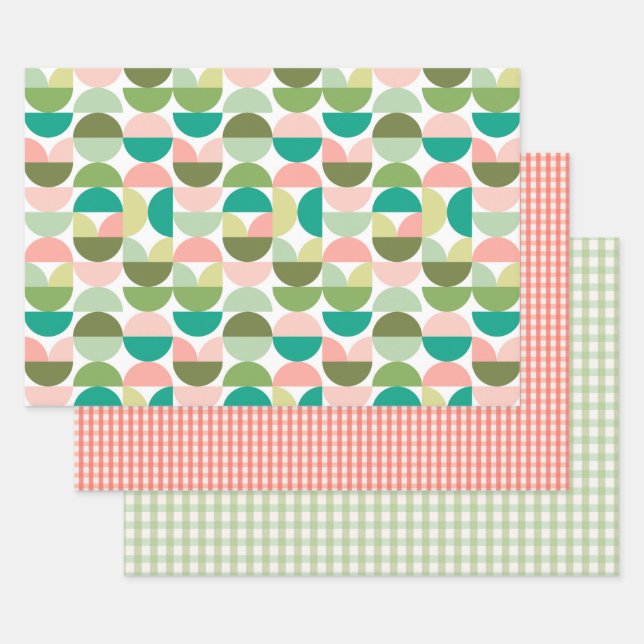 Mid Century Modern Geometric - Green & Peach Wrapping Paper Sheets (Set)