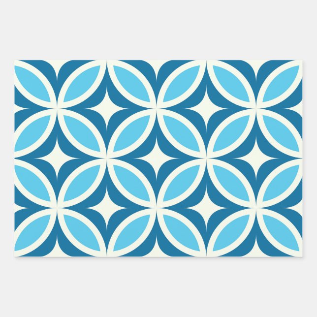 Mid Century Modern Geometric Pattern Blue Wrapping Paper Sheets (Front)
