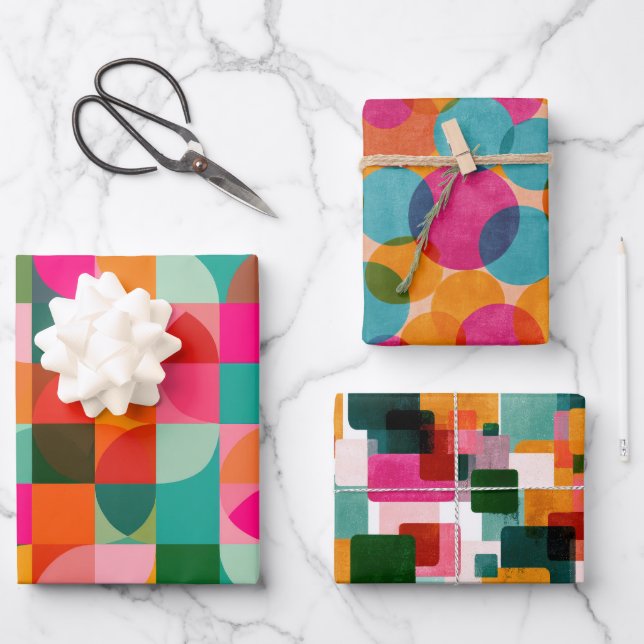 Mid Century Modern Geometric Pattern Colorful Wrapping Paper Sheets (Front)