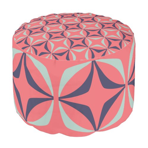 Mid Century Modern Geometric Pattern in Navy Coral Pouf
