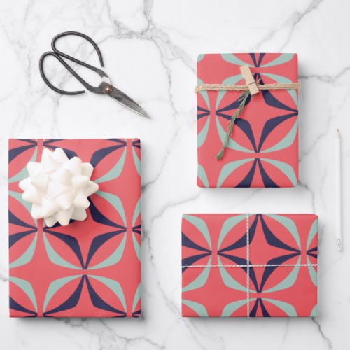 Mid Century Modern Geometric Pattern in Navy Coral Wrapping Paper Sheets