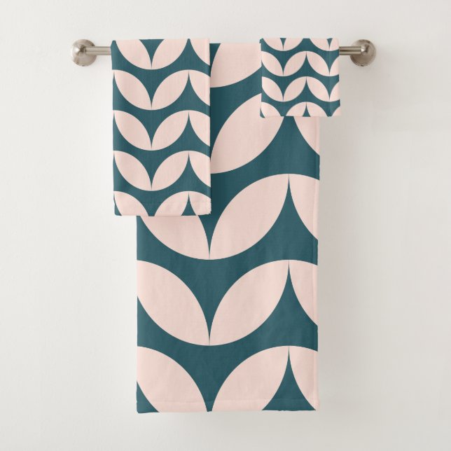 Mid Century Modern Geometric Pattern in Teal Blush Bath Towel Set (Insitu)
