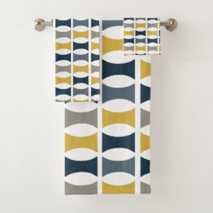 Mid Century Modern Geometric Pattern Navy Mustard Bath Towel Set