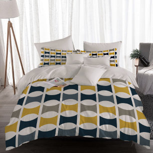 Mid Century Modern Geometric Pattern Navy Mustard Duvet Cover