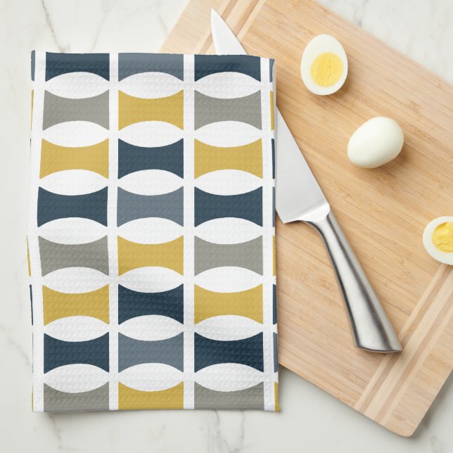 Mid Century Modern Geometric Pattern Navy Mustard Kitchen Towel (Quarter Fold)