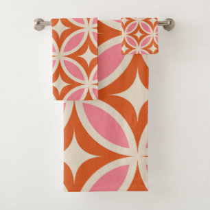 Mid century modern geometric pattern pink orange  bath towel set