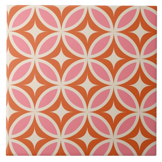 Mid century modern geometric pattern pink orange  ceramic tile (Front)