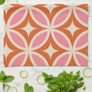 Mid century modern geometric pattern pink orange kitchen towel