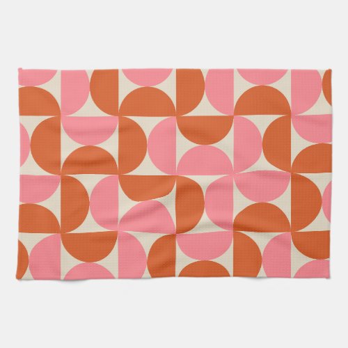 Mid century modern geometric pattern pink orange  kitchen towel
