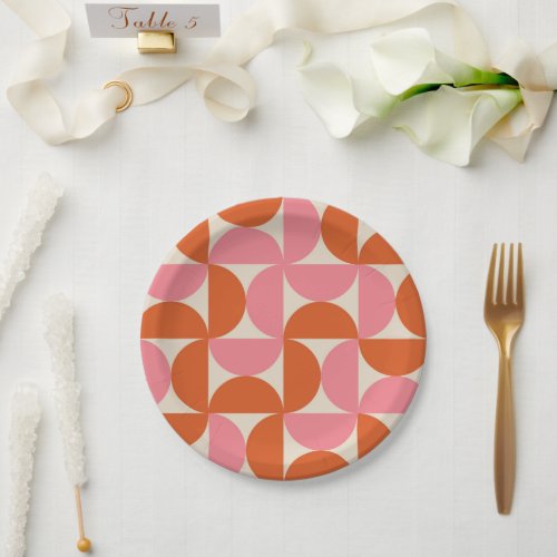 Mid century modern geometric pattern pink orange   paper plates