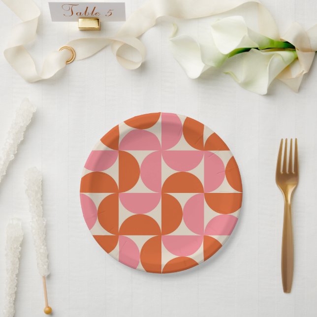 Mid century modern geometric pattern pink orange   paper plates (Wedding)