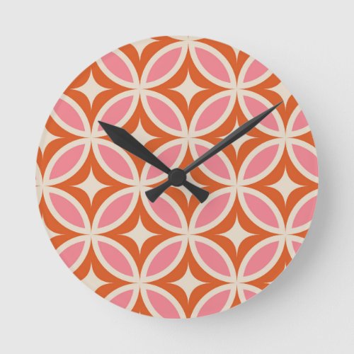 Mid century modern geometric pattern pink orange  round clock