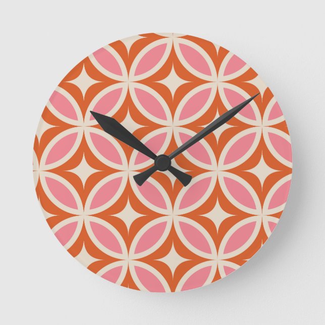 Mid century modern geometric pattern pink orange  round clock (Front)
