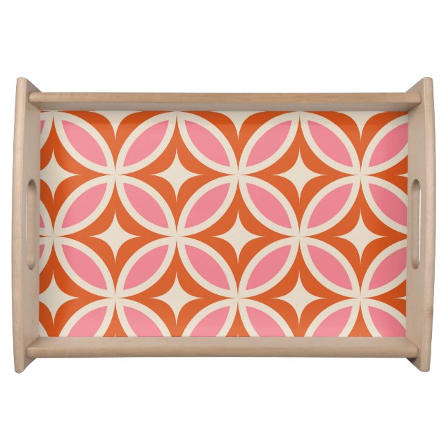 Mid century modern geometric pattern pink orange  serving tray (Front)