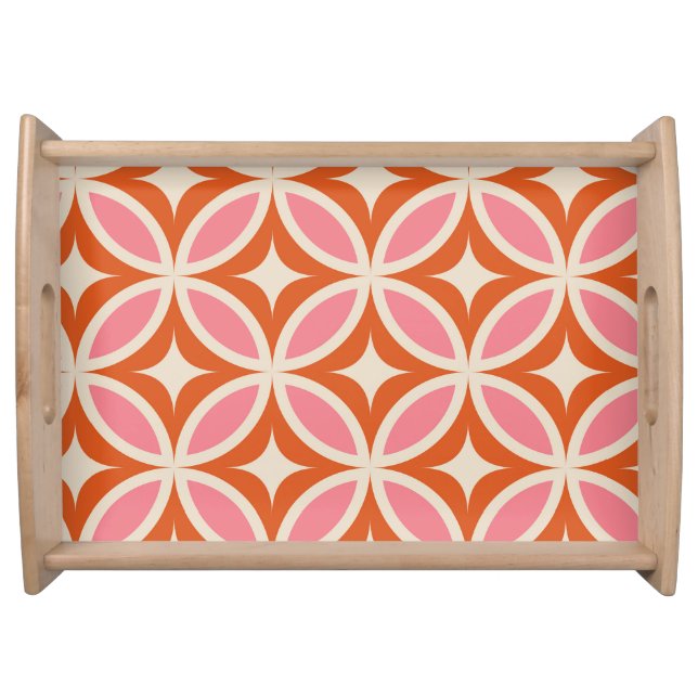 Mid century modern geometric pattern pink orange  serving tray (Front)