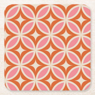 Mid century Modern Geometric pattern pink orange Square Paper Coaster
