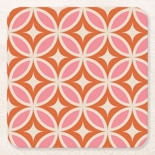 Mid century Modern Geometric pattern pink orange  Square Paper Coaster