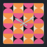 Mid Century Modern Geometric Pattern Square Wall Clock<br><div class="desc">Retro Mid Century Geometric Half Square and Circle Pattern Black Pink & Orange.</div>