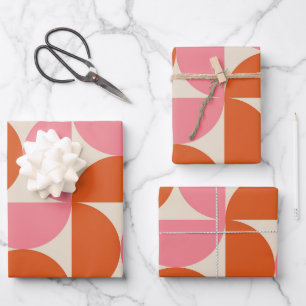 Mid century modern geometric pink orange pattern wrapping paper sheets
