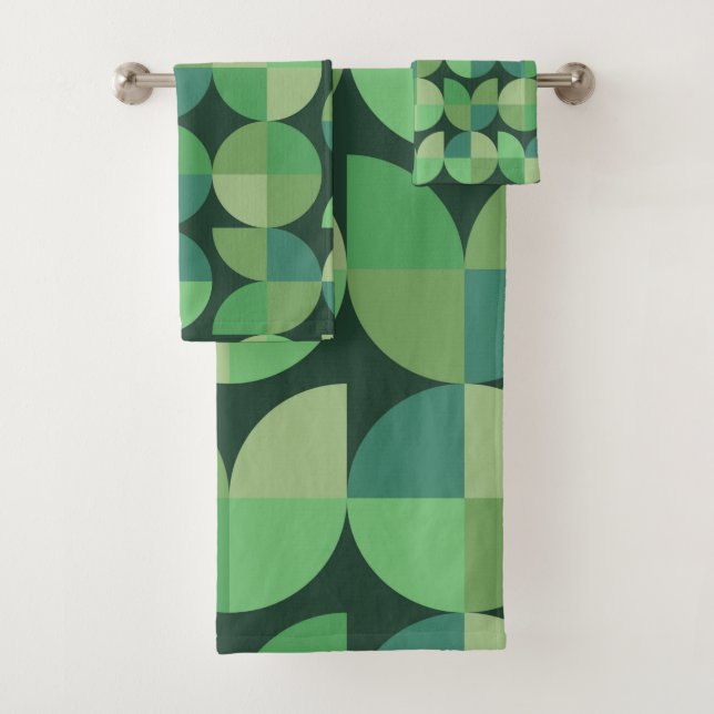 Mid Century Modern Geometric Shapes Green  Bath Towel Set (Insitu)