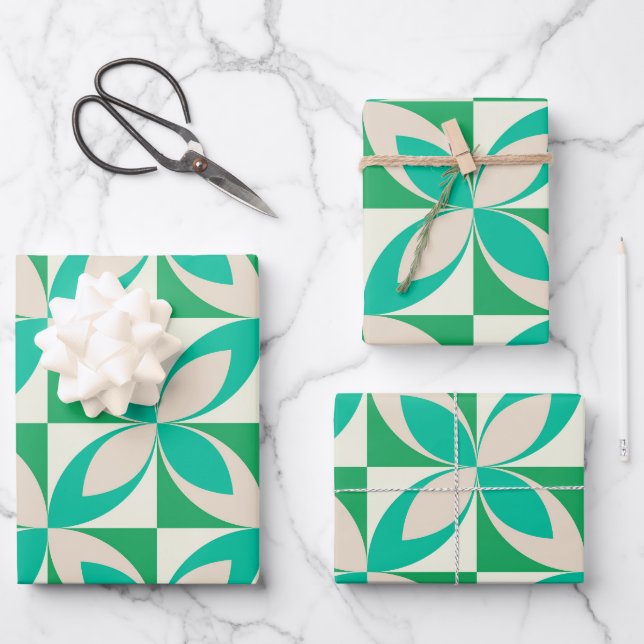 Mid Century Modern Geometric Shapes Mint Green Wrapping Paper Sheets (Front)