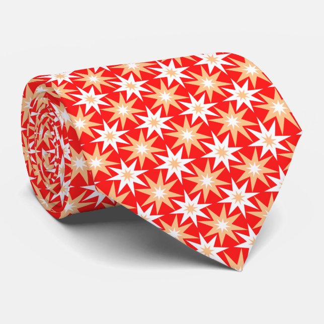 Mid-Century Modern Geometric Star Pattern Red Neck Tie (Rolled)