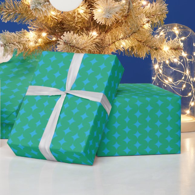 Mid Century Modern Geometric Stars Green Blue Wrapping Paper (Holidays)