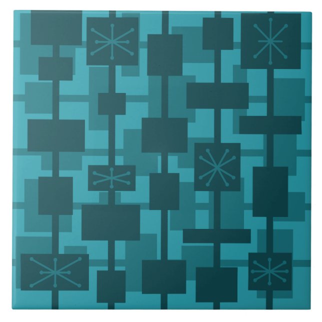 Mid Century Modern Geometric Teal Ceramic Tile (Front)