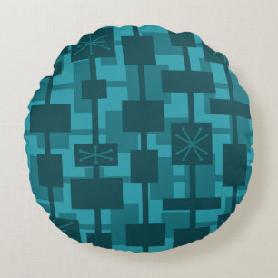 Mid Century Modern Geometric Teal Round Pillow