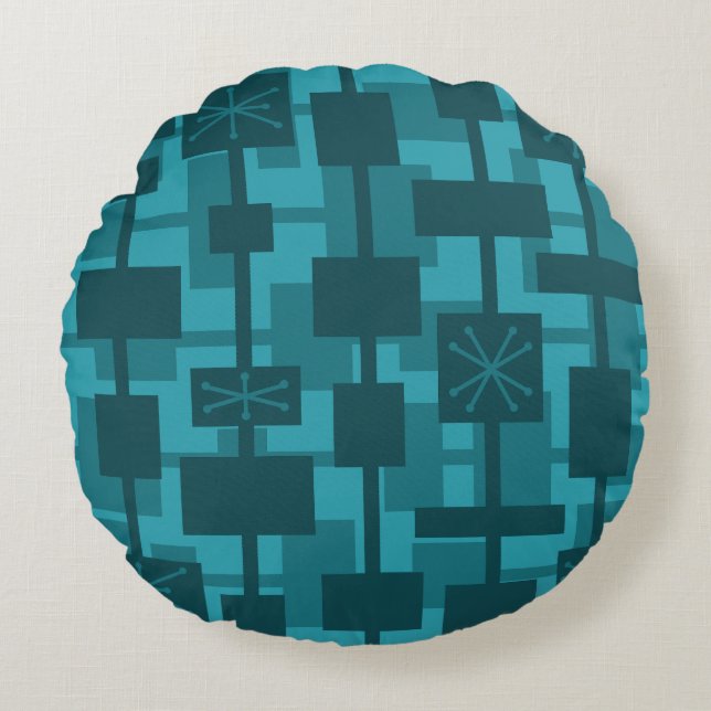 Mid Century Modern Geometric Teal Round Pillow (Front)