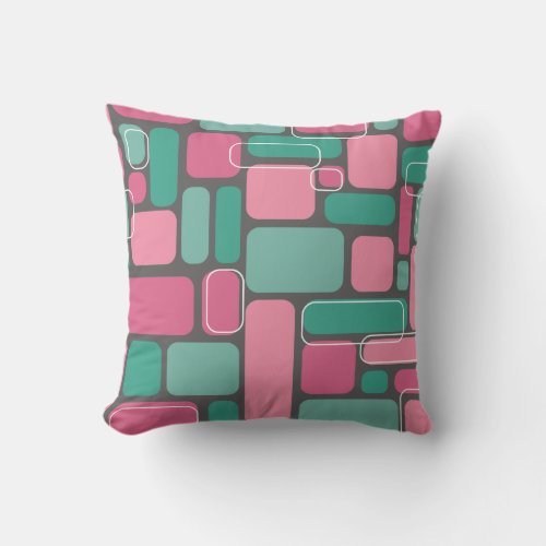 Mid_Century Modern Geometrics Pink  Teal  Gray Throw Pillow