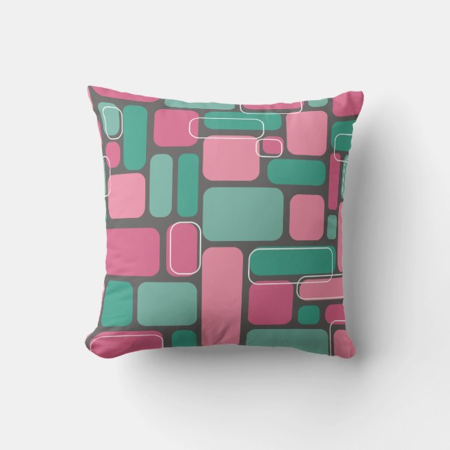 Mid-Century Modern Geometrics Pink / Teal / Gray Throw Pillow (Front)