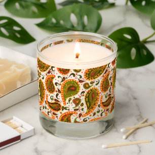 Mid Century Modern Gold Green Paisley Pattern Scented Candle
