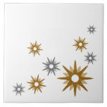 Mid-Century Modern Gold & Silver Ceramic Tile<br><div class="desc">Mid-century modern inspired design featuring vintage retro gold and silver starbursts on a white background. Simple,  clean modern design.</div>