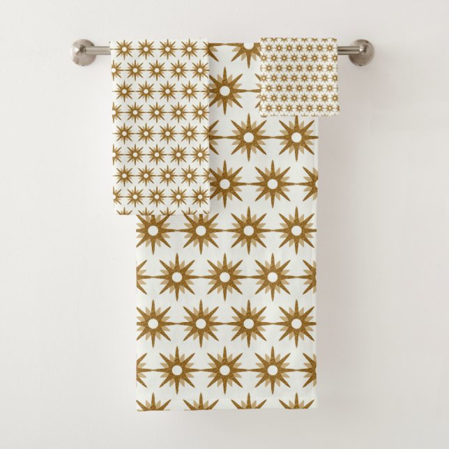 Mid-Century Modern Gold Starburst Pattern Bath Towel Set (Insitu)
