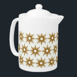 Mid-Century Modern Gold Starburst Pattern Teapot<br><div class="desc">Mid-century modern inspired design featuring vintage pattern of retro gold starbursts on a white background. Simple, clean modern design. Create your own custom pattern by uploading a new image, or use the "contact this designer" button for help. To create your own patterned design: 1. Select personalize this template. 2. Replace...</div>