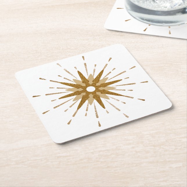 Mid-Century Modern Gold Starburst Square Paper Coaster (Angled)