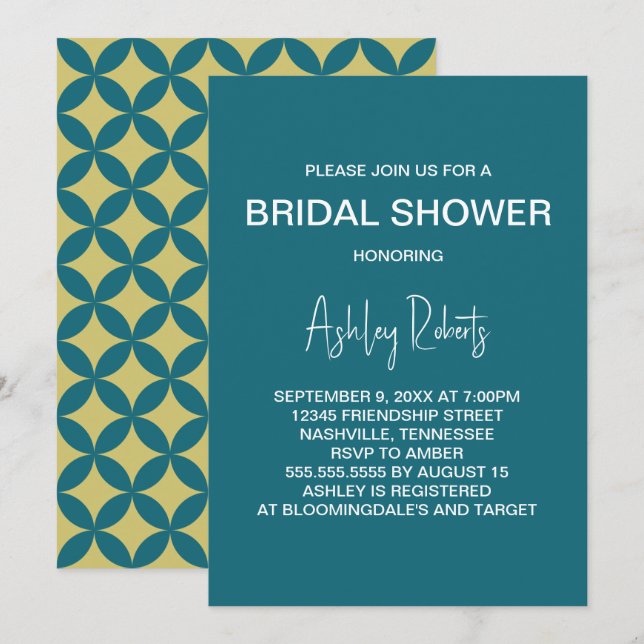 Mid-Century Modern Gold & Teal Mod Bridal Shower Invitation (Front/Back)
