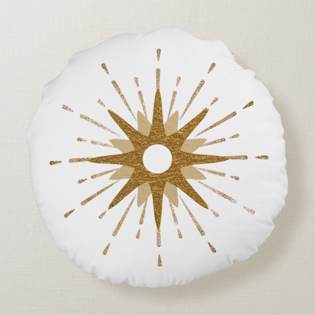 Mid Century Modern Gold & White Starburst Round Pillow (Back)