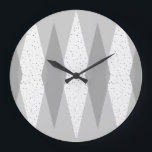 Mid Century Modern Gray Argyle Round Wall Clock<br><div class="desc">This Mid Century Modern Gray Argyle Round Wall Clock features a dove gray background and a pattern of mod, translucent, dark gray diamonds overlaying larger, vintage white diamonds with gray colored, space age speckles. This minimalist inspired, deconstructed argyle is a simplistic throwback of the larger than life atomic era that...</div>
