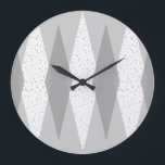 Mid Century Modern Gray Argyle Round Wall Clock<br><div class="desc">This Mid Century Modern Gray Argyle Round Wall Clock features a dove gray background and a pattern of mod, translucent, dark gray diamonds overlaying larger, vintage white diamonds with gray colored, space age speckles. This minimalist inspired, deconstructed argyle is a simplistic throwback of the larger than life atomic era that...</div>