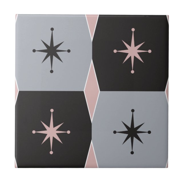 Mid-Century Modern Gray, Pink and Black Ceramic Tile (Front)