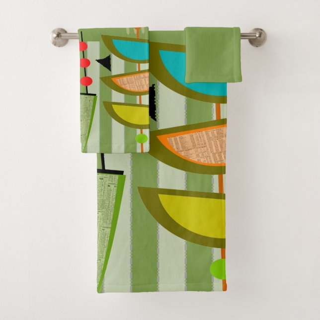 Mid-Century Modern Green Abstract  Bath Towel Set (Insitu)