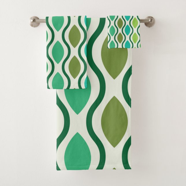 Mid Century Modern Green Teal Ogee pattern  Bath Towel Set (Insitu)