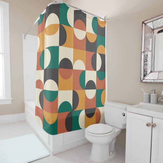 Mid Century Modern Half Circles Green and Orange Shower Curtain (In Situ)