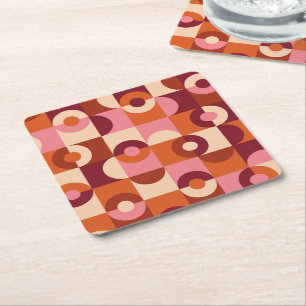 Mid Century Modern Half Circles Pink and orange Square Paper Coaster