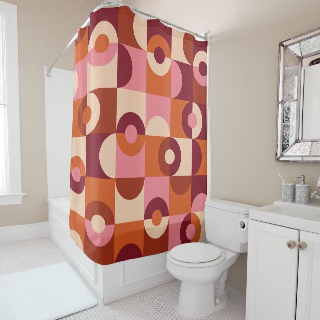 Mid Century Modern Half Circles Pink orange Shower Curtain (In Situ)